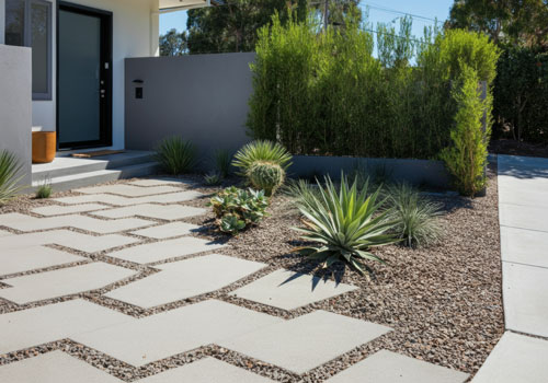 Concrete walkway in front yard